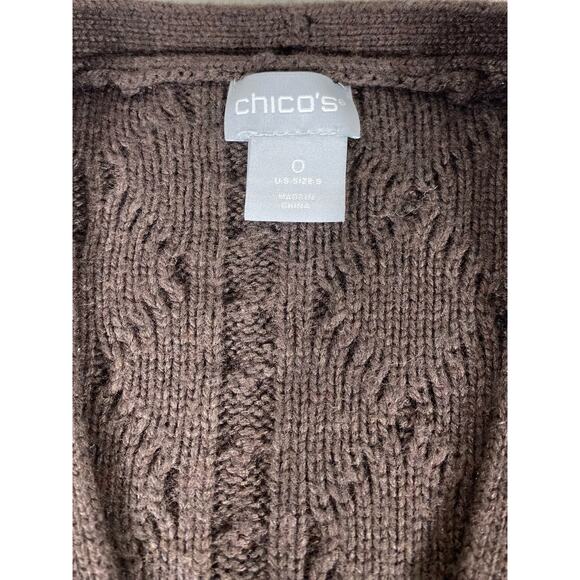 Chicos Cableknit Cardigan Sweater Size 0 or Small Brown Cashmere Wool Blend Open - Picture 3 of 8